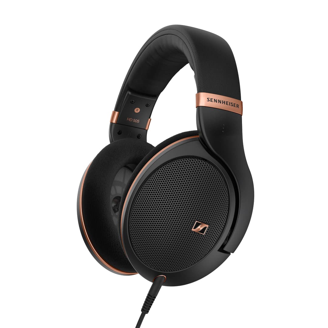 Casque audio Sennheiser HD 505 noir avec arceau et détails cuivrés, connecteur jack apparent
