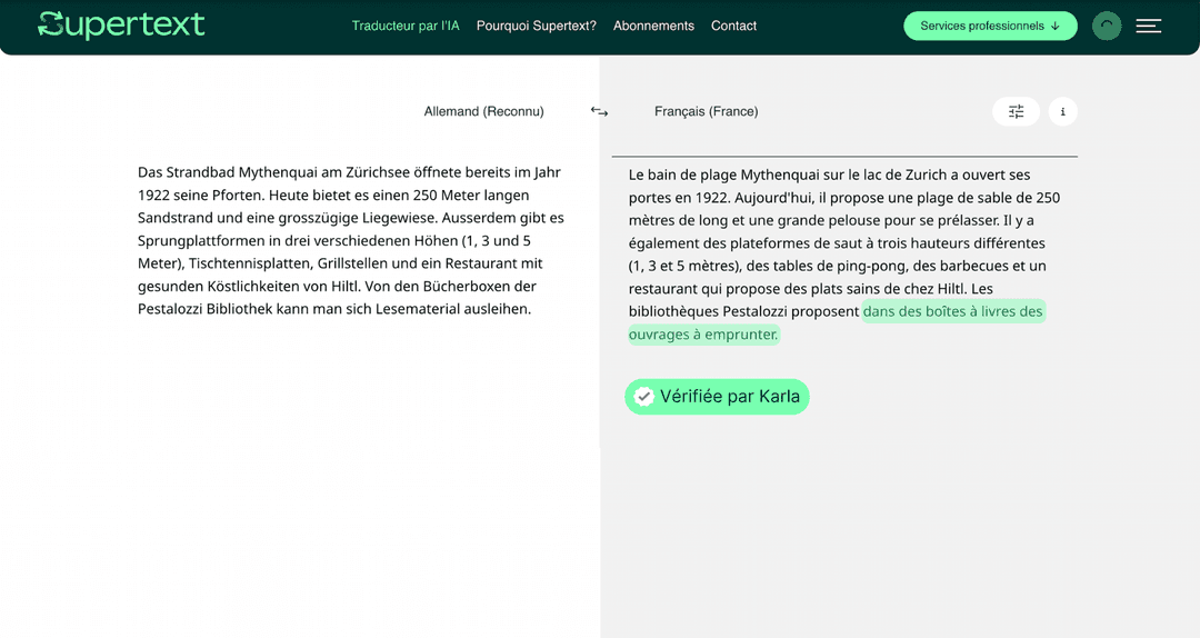 Interface du traducteur IA Supertext affichant une traduction d'allemand vers français avec vérification professionnelle par Karla