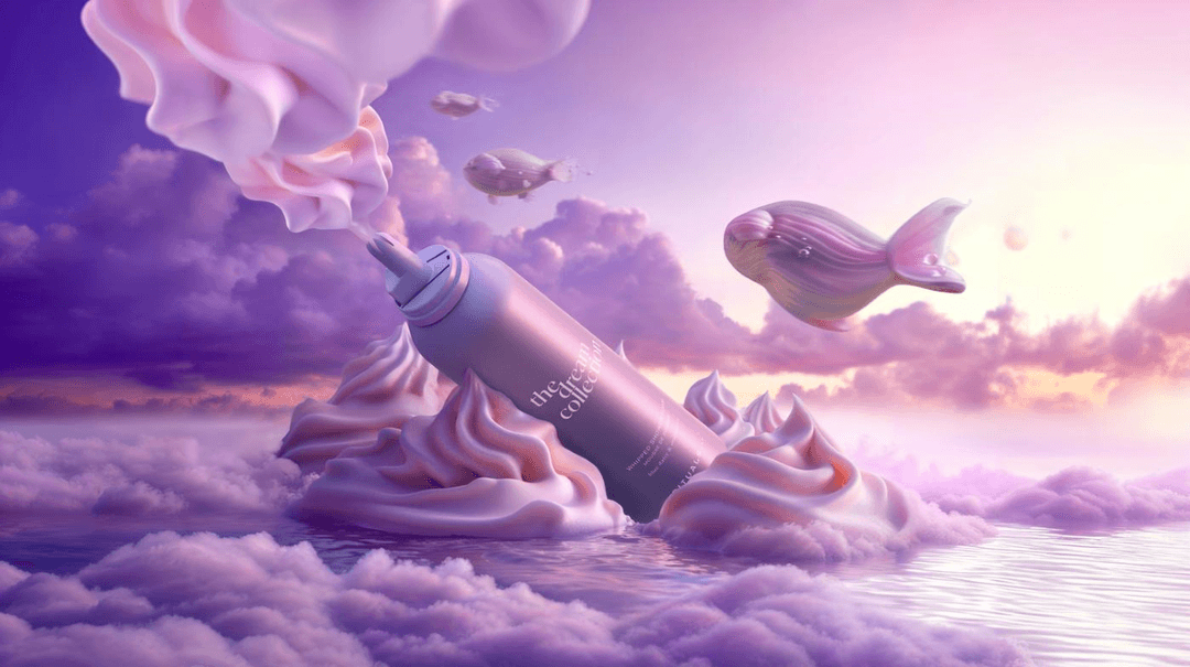 Flacon The Dream Collection Rituals posé sur des nuages roses et mauves avec poissons arc-en-ciel, ciel dégradé