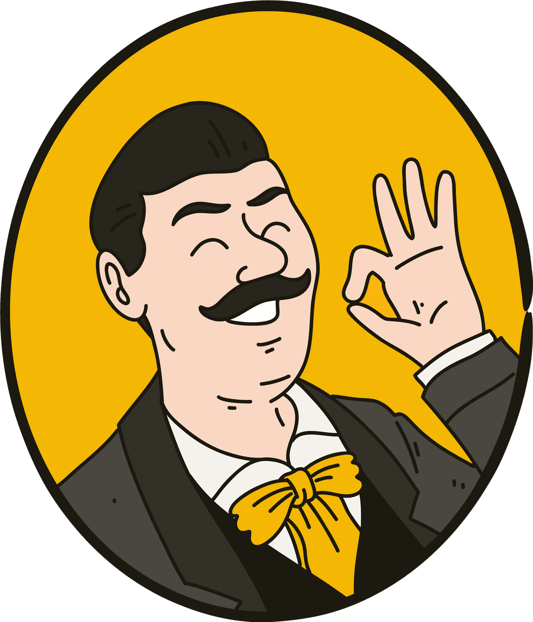 Mascotte Hugo Reitzel, personnage moustachu en costume noir avec nœud papillon jaune, sur fond jaune