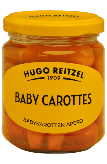 Pot de conserve Hugo Reitzel rempli de baby carottes orange, avec couvercle jaune et étiquette jaune portant le nom de la marque