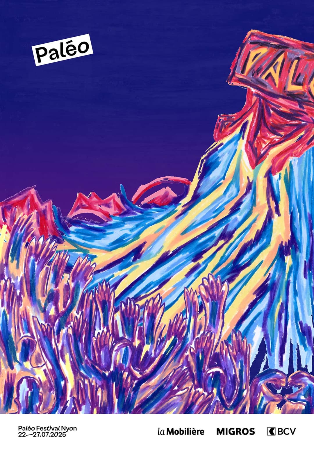 Logo Paléo sur fond bleu avec illustration abstraite colorée aux teintes roses, jaunes et bleues évoquant de la musique et de l'énergie