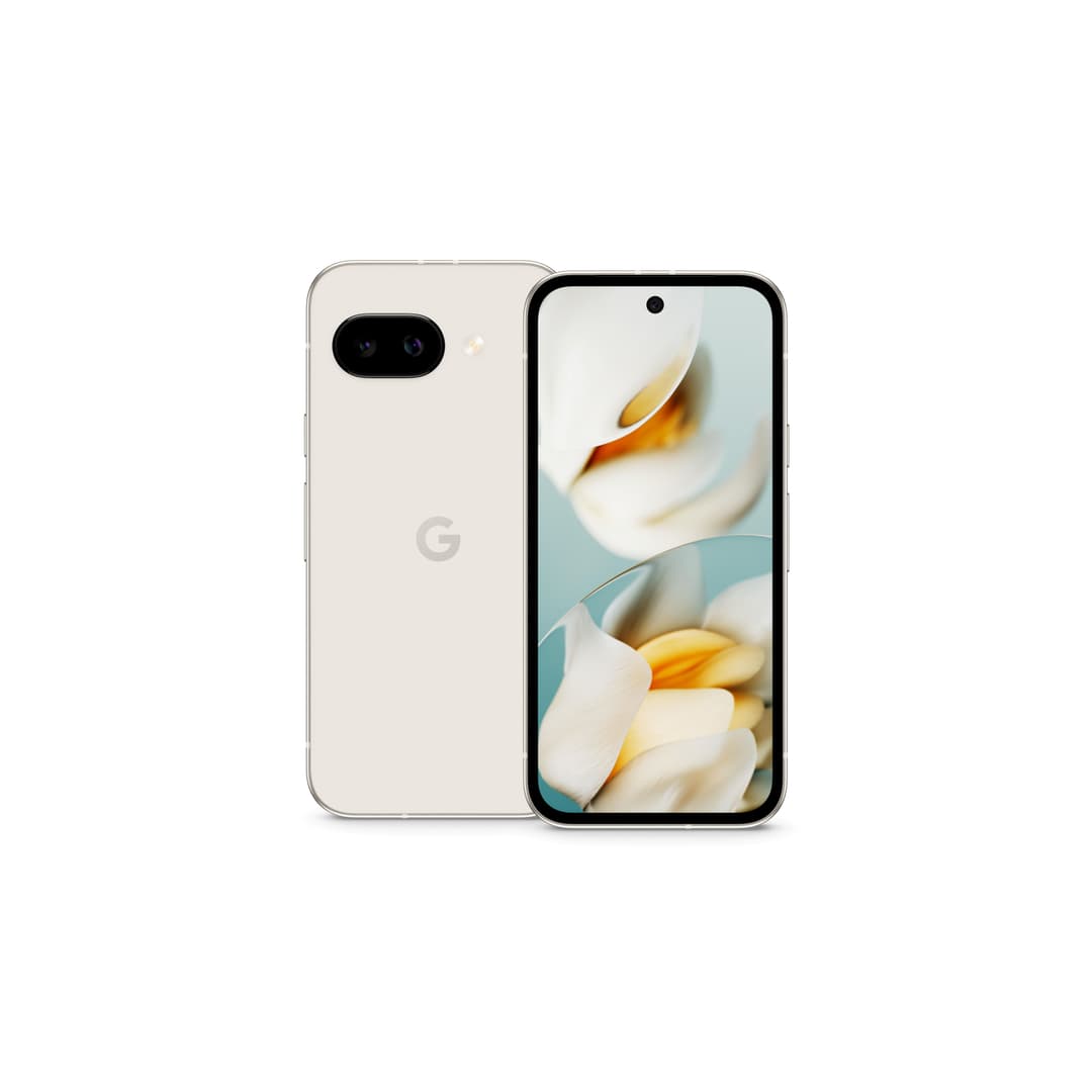 Google Pixel 9a de couleur beige clair, présenté de face et de dos, avec double capteur photo et écran affichant des pétales de fleur