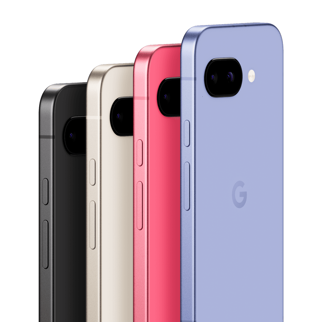 Google Pixel 9a présenté en quatre coloris: Noir Volcanique, Porcelaine, Rose Pivoine et Iris, vue de profil montrant l'écran et le module caméra