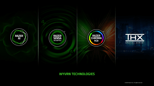 Logos des technologies WYVRN : Razer AI, Razer Sensa, Razer Chroma RGB et THX Spatial Audio sur fond noir avec effets lumineux