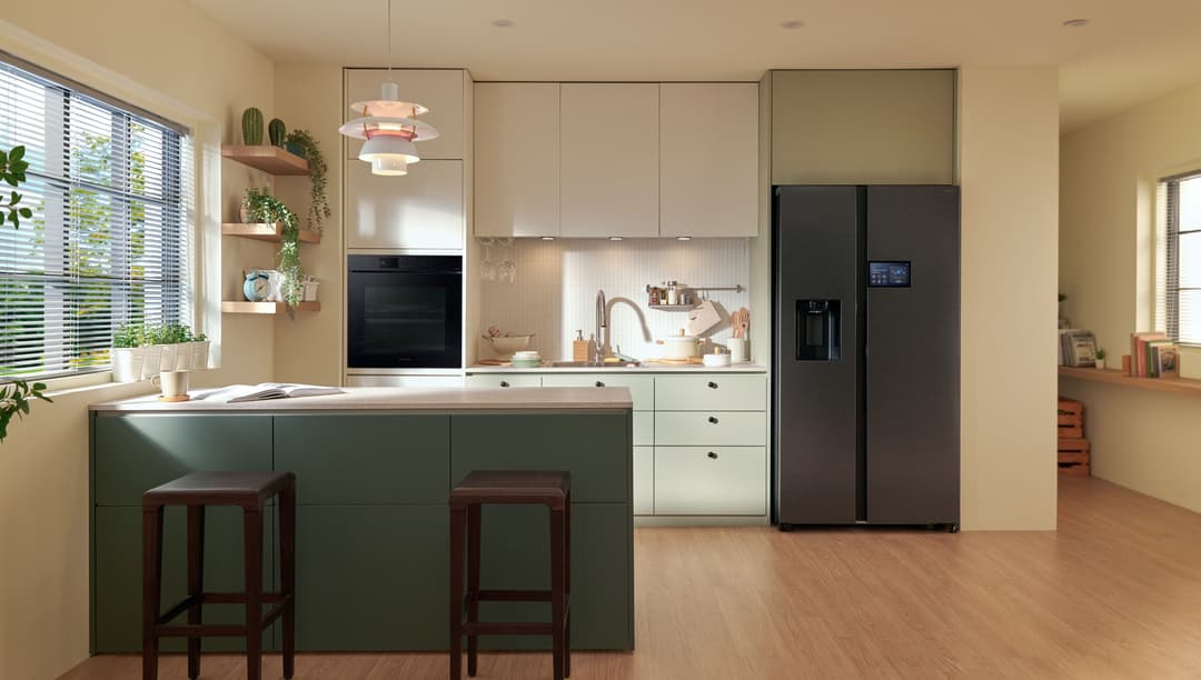 Réfrigérateur Samsung noir avec écran tactile intégré dans une cuisine moderne aux tons verts et beiges