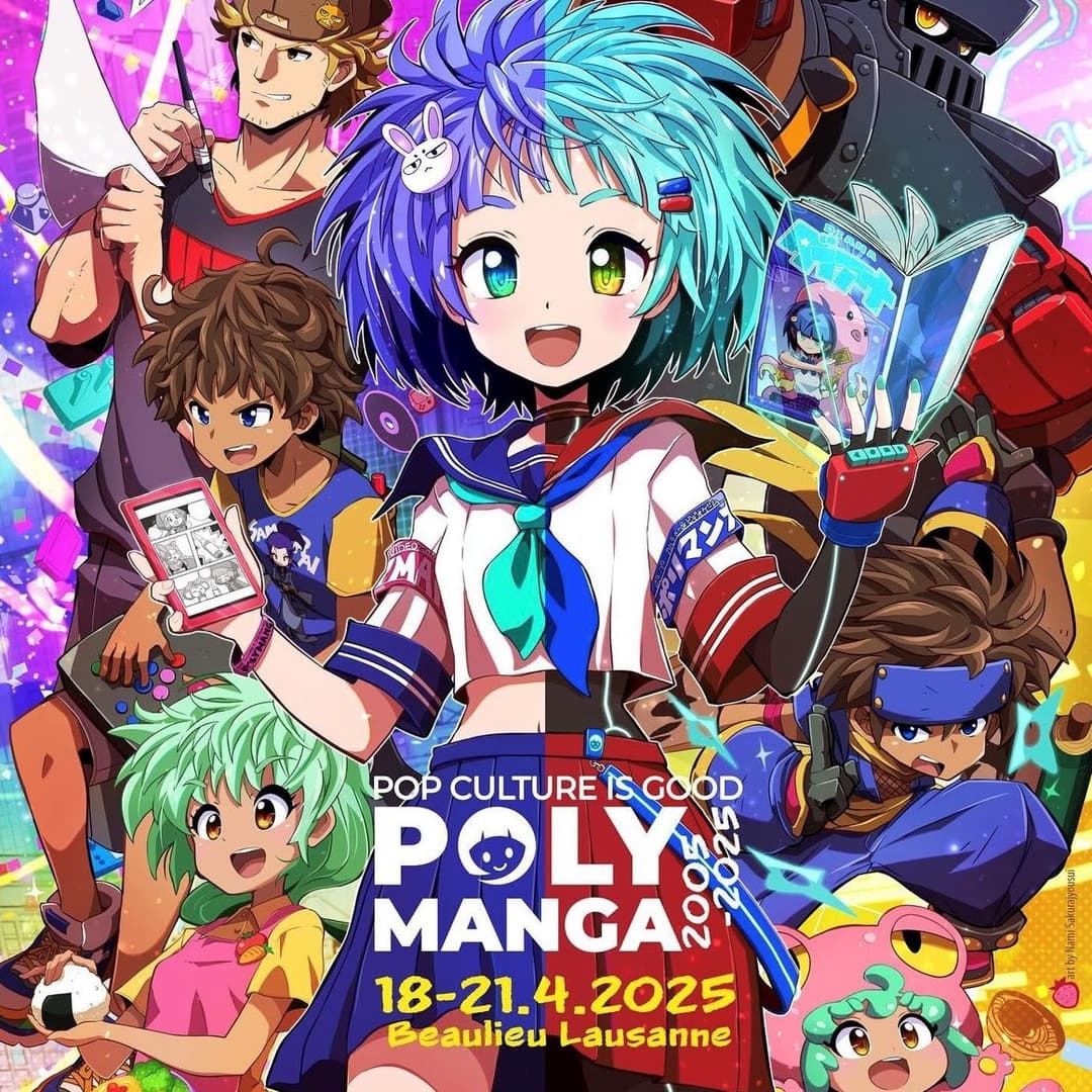 Affiche Polymanga 2025 avec personnages anime colorés entourés d'objets de pop culture, dates 18-21.4.2025 à Beaulieu Lausanne