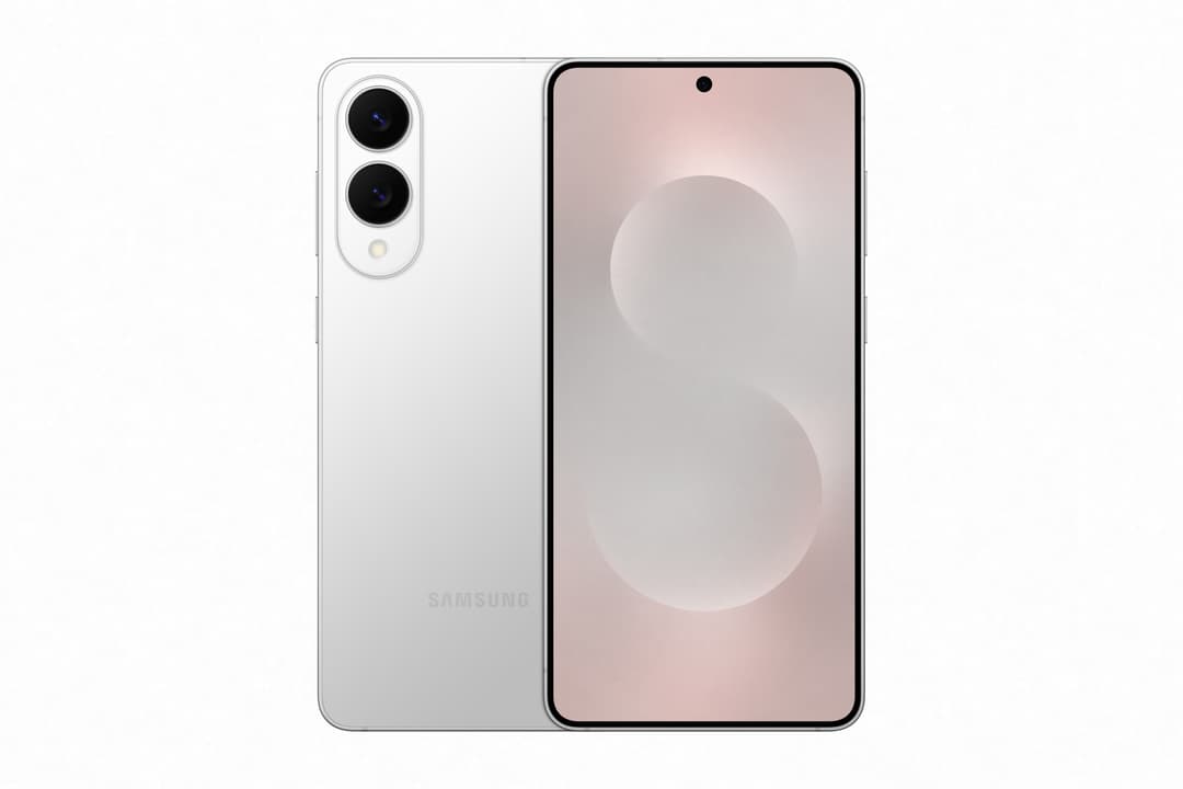 Samsung Galaxy S25 Edge blanc avec double capteur photo circulaire et écran rose pâle allumé