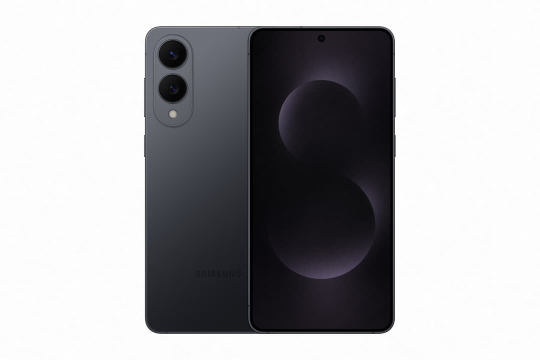 Samsung Galaxy S25 Edge gris foncé avec double appareil photo circulaire, écran allumé affichant un motif géométrique