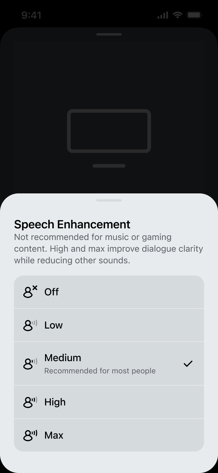 Menu de paramètres Speech Enhancement de la Sonos Arc Ultra avec options Off, Low, Medium, High et Max pour améliorer la clarté des dialogues