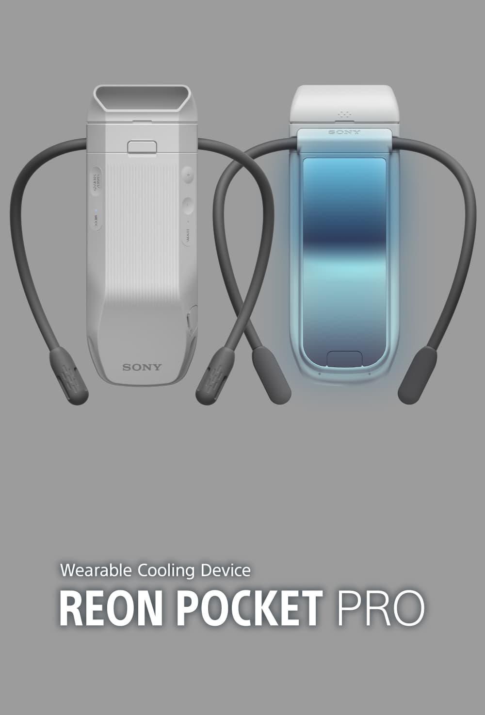 Sony REON POCKET PRO en blanc et bleu, dispositif thermique portable avec bandeau de cou et boutons de commande latéraux