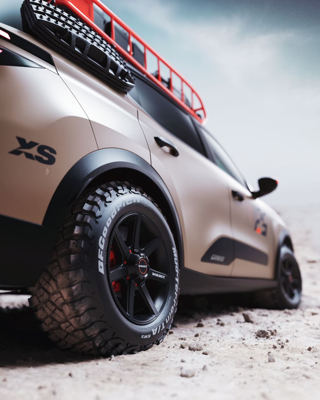 Opel Frontera GRAVEL blanc avec jantes BORBET noires et pneus tout-terrain, toit équipé d'une galerie rouge, stationnée sur terrain de gravier