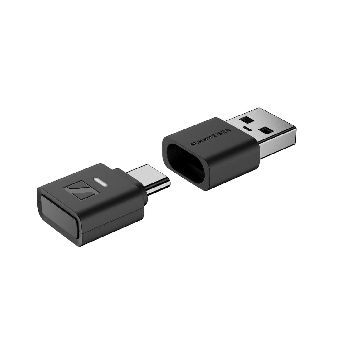 Adaptateur Bluetooth Sennheiser BTD 700 noir avec connecteur USB et USB-C, présenté en deux parties séparées