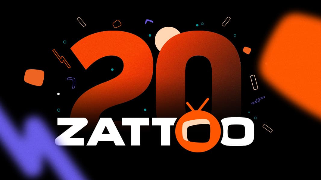 Logo Zattoo avec le chiffre 20 en orange sur fond noir, entouré d'éléments graphiques colorés célébrant les 20 ans de la plateforme