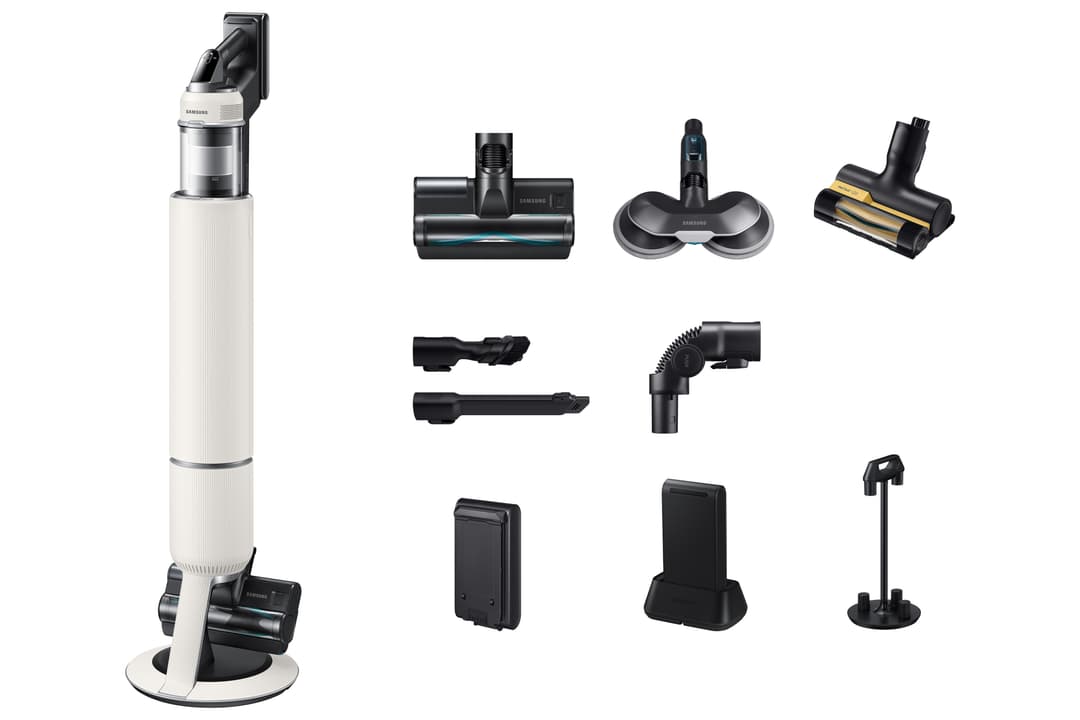 Aspirateur-balai sans fil Samsung AI Jet Lite blanc et noir avec ses accessoires : brosses, embouts, batteries et station de rangement
