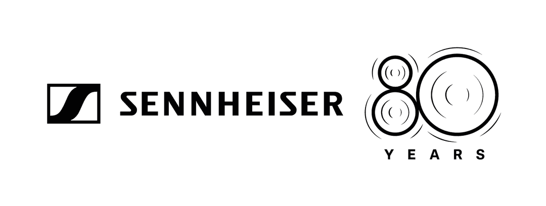 Logo Sennheiser avec badge commémoratif « 80 Years » illustrant les 80 ans d'histoire de la marque audio allemande