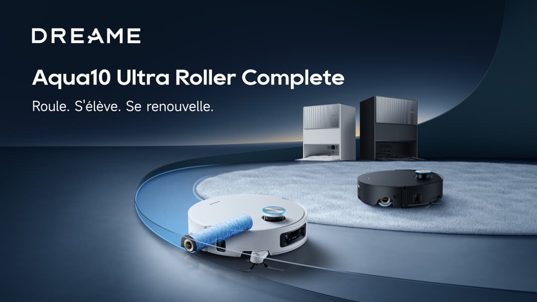 Robot aspirateur Dreame Aqua10 Ultra Roller Complete blanc avec station de nettoyage, et station noire en arrière-plan sur fond bleu