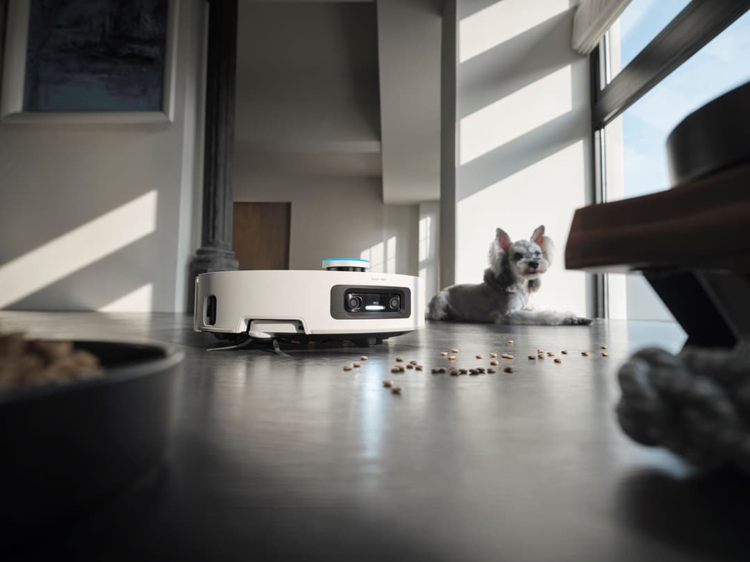 Robot aspirateur blanc Dreame Aqua10 Ultra Roller sur sol gris avec chat et croquettes renversées autour dans une maison lumineux