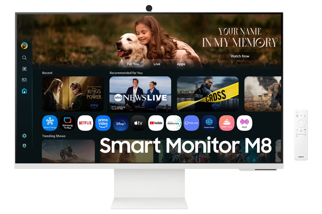 Samsung Smart Monitor M8 affichant une interface intelligente avec applications de streaming, contenu vidéo et menu de navigation latéral