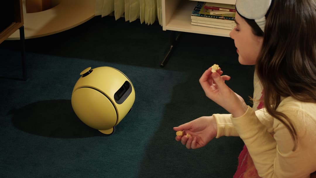 Robot domestique jaune sphérique sur roues interagissant avec une personne dans un salon