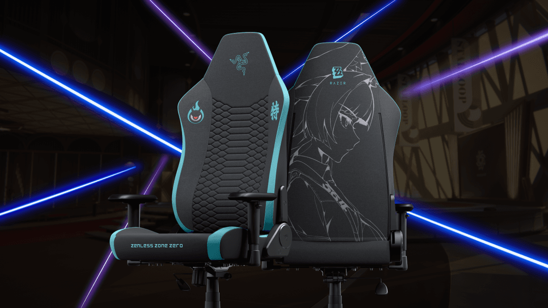 Fauteuil gamer Razer Iskur V2 X Zenless Zone Zero avec design noir et turquoise, orné du personnage Miyabi et de motifs du jeu