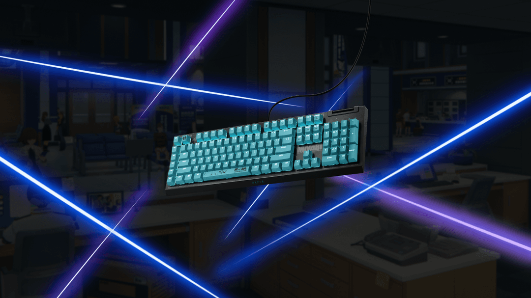 Clavier Razer BlackWidow V4 X édition Zenless Zone Zero aux touches turquoise, entouré de néons bleus et violets