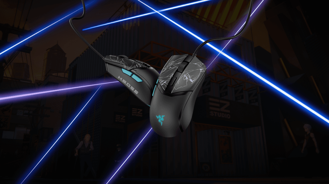 Souris gaming Razer Cobra noire avec accents bleu cyan, entourée de néons bleus et violets sur fond urbain sombre