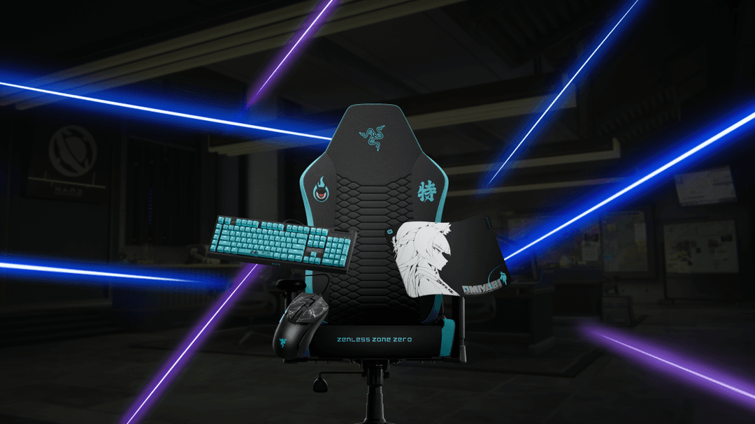 Fauteuil gaming Razer Iskur V2 X noir et cyan avec clavier, souris et tapis Razer inspirés de Zenless Zone Zero, entourés de néons bleus et violets