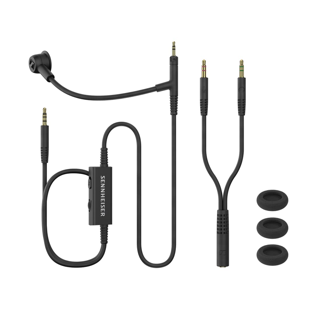 Accessoires du casque Sennheiser HD 500 BAM : micro-bras, câbles audio et embouts auriculaires