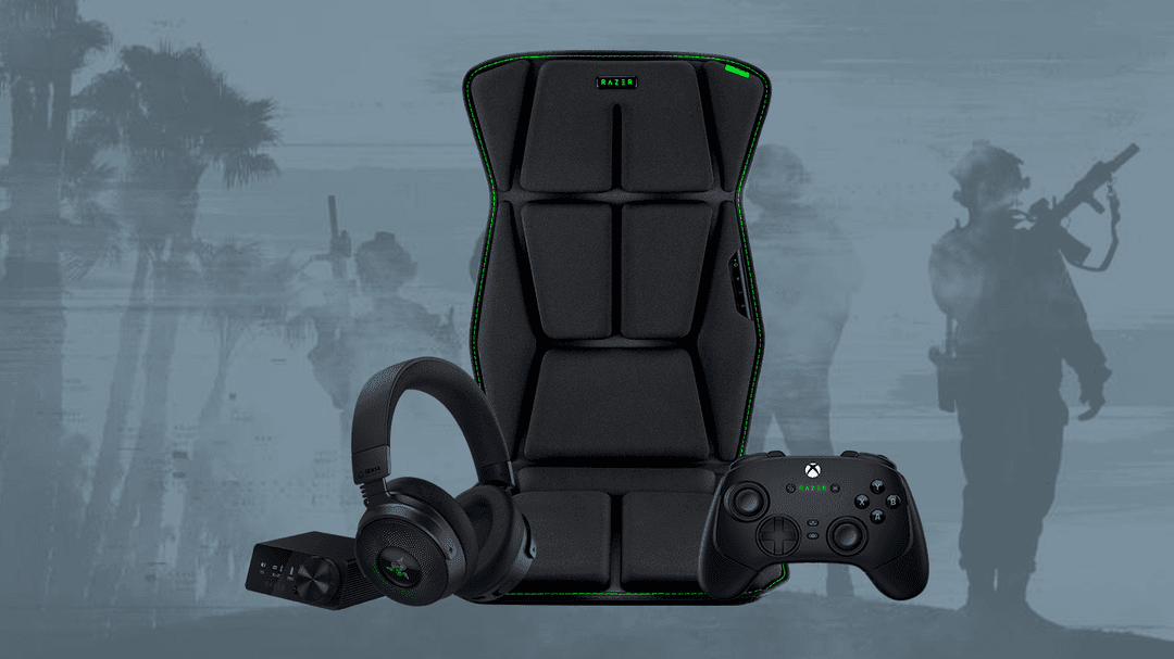 Ensemble de périphériques Razer gaming aux accents verts : fauteuil gamer, casque audio, clavier mécanique et manette Xbox, sur fond de scène de combat Battlefield