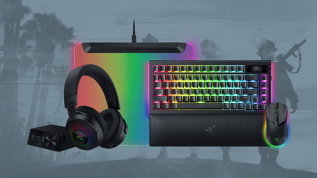 Casque Razer Kraken V4 Pro, clavier RGB Razer, souris Razer et coussin haptique Razer Freyja sur fond de scène Battlefield 6