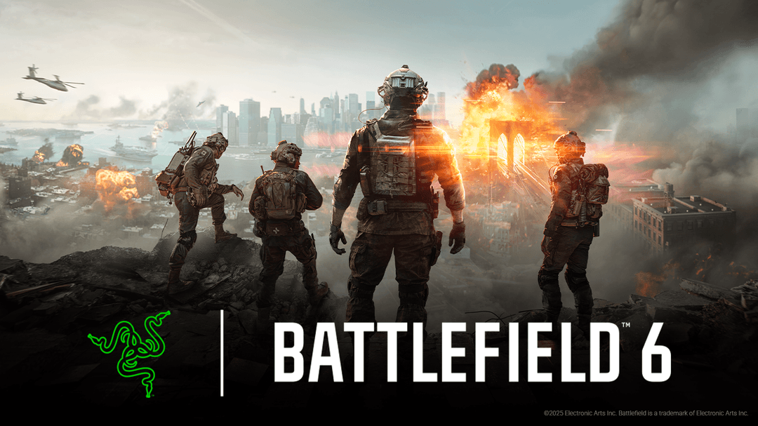 Quatre soldats en tenue de combat face à une ville en ruines avec explosions et incendies, logo Razer vert et titre Battlefield 6