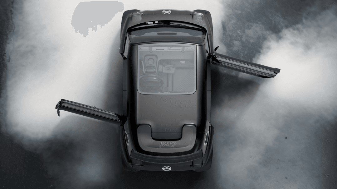 Citroën Ami Dark Side noire vue de dessus, portes ouvertes, sur fond gris