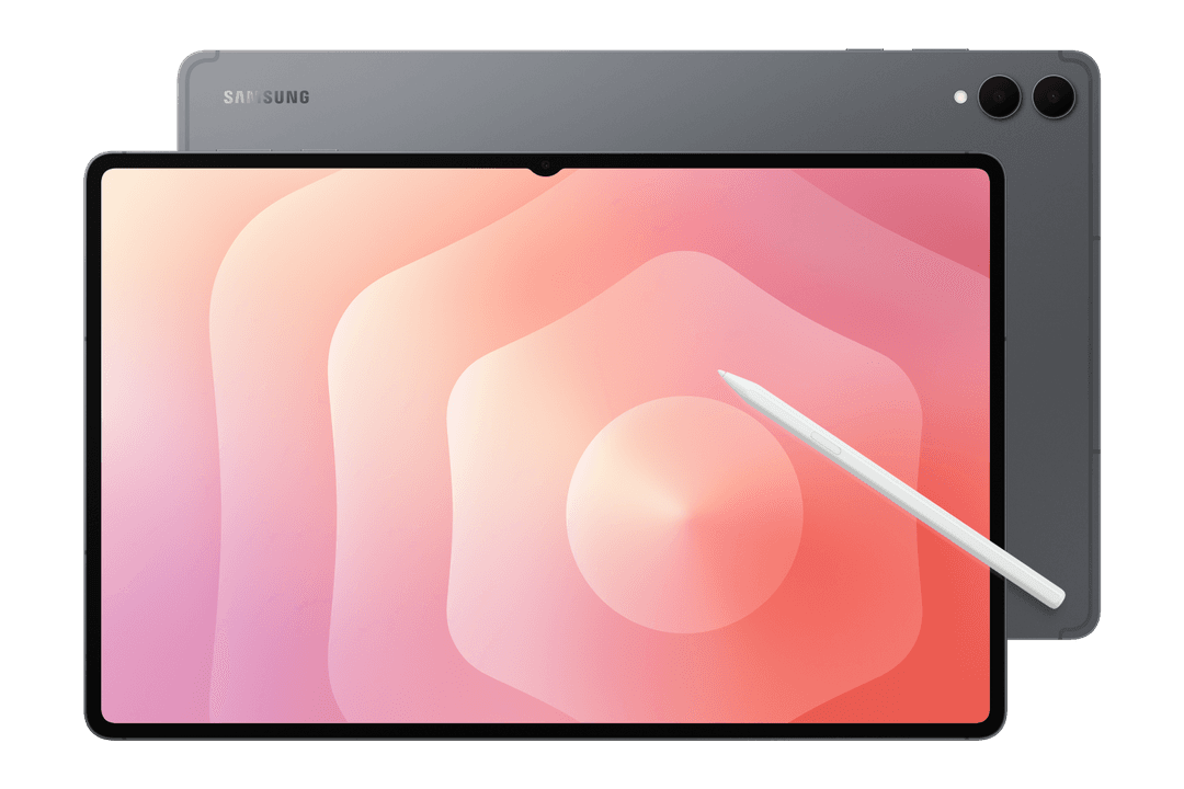 Tablette Samsung Galaxy Tab S10 grise avec écran affichant un dégradé rose et blanc, accompagnée d'un stylet