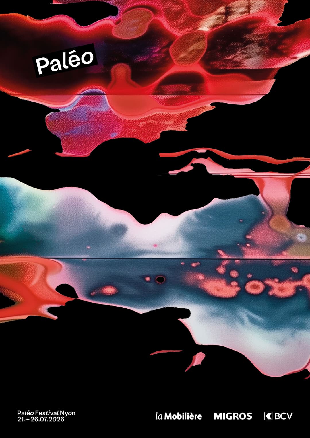 Affiche Paléo 2026 avec formes fluides rouges, roses et bleues sur fond noir, créée par Garance Allely en dialogue avec l'IA