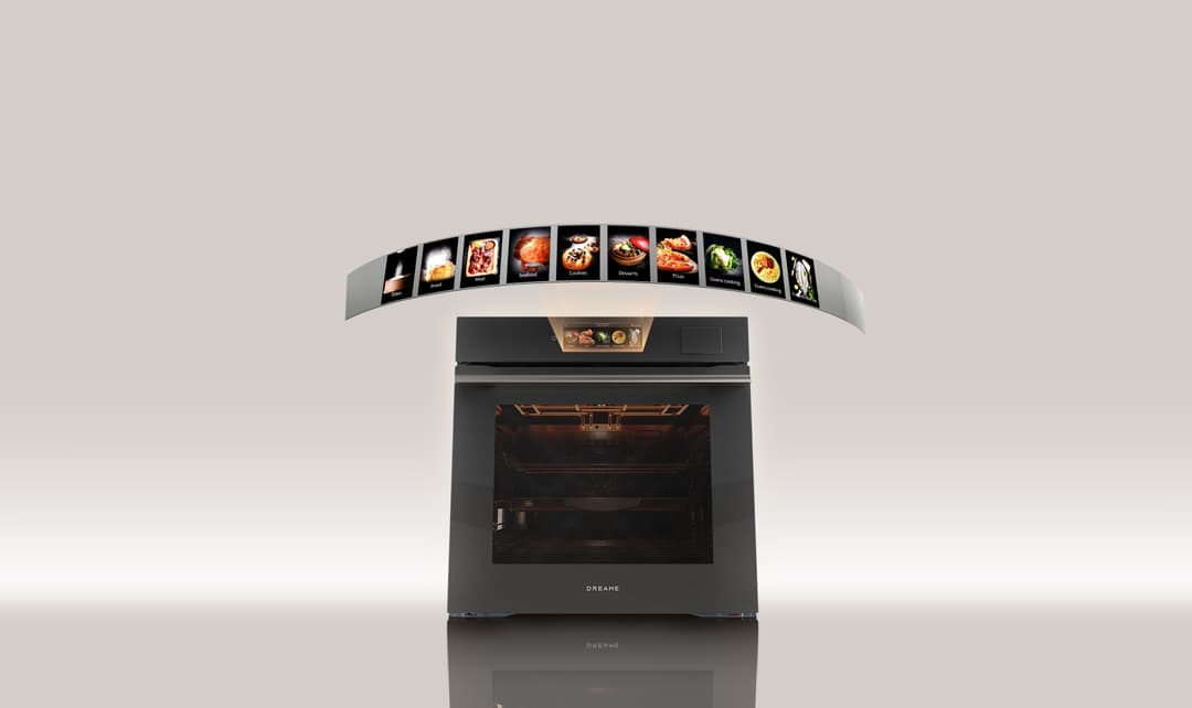 Four combiné vapeur Dreame OZ60 Pro noir avec écran de sélection affichant des modes de cuisson illustrés par différents plats