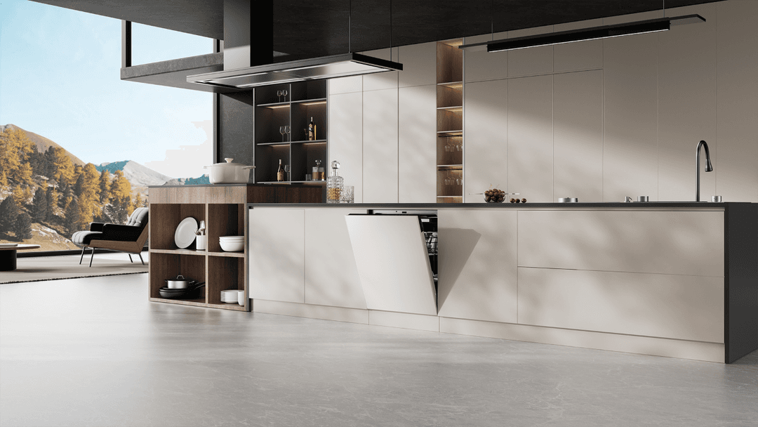 Lave-vaisselle Dreame DZ60 Pro intégré dans une cuisine moderne aux façades blanches et noires, avec vue panoramique sur les montagnes