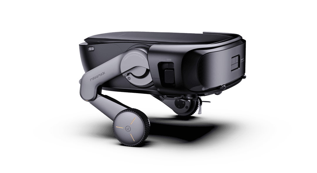 Robot aspirateur noir Roborock avec bras articulé gris et roues indépendantes surélevées