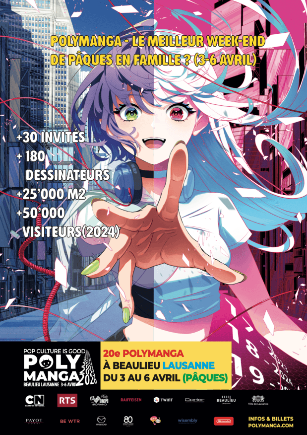 Affiche Polymanga 20e édition avec personnage manga féminin aux cheveux bleus et roses sur fond urbain coloré, texte jaune du 3 au 6 avril à Beaulieu Lausagne