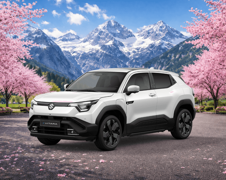 Suzuki e-VITARA blanc édition SAKURA devant des fleurs de cerisier roses en montagne enneigée