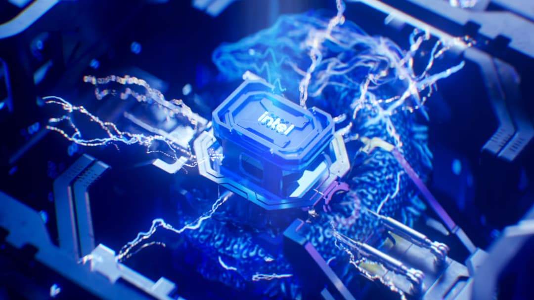 Processeur Intel sur circuit imprimé bleu illuminé par des éclairs numériques blancs, symbolisant la puissance de calcul
