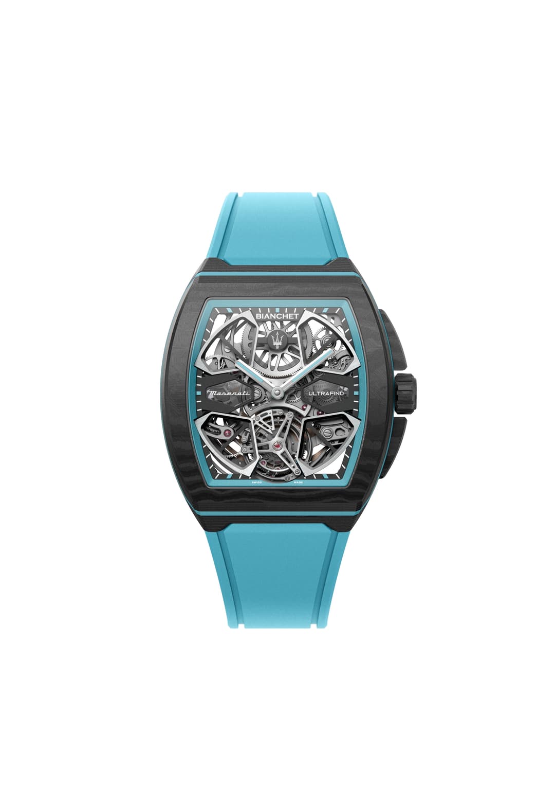 Montre UltraFino Maserati avec boîtier noir et bracelet bleu turquoise, cadran squelettisé révélant le tourbillon volant