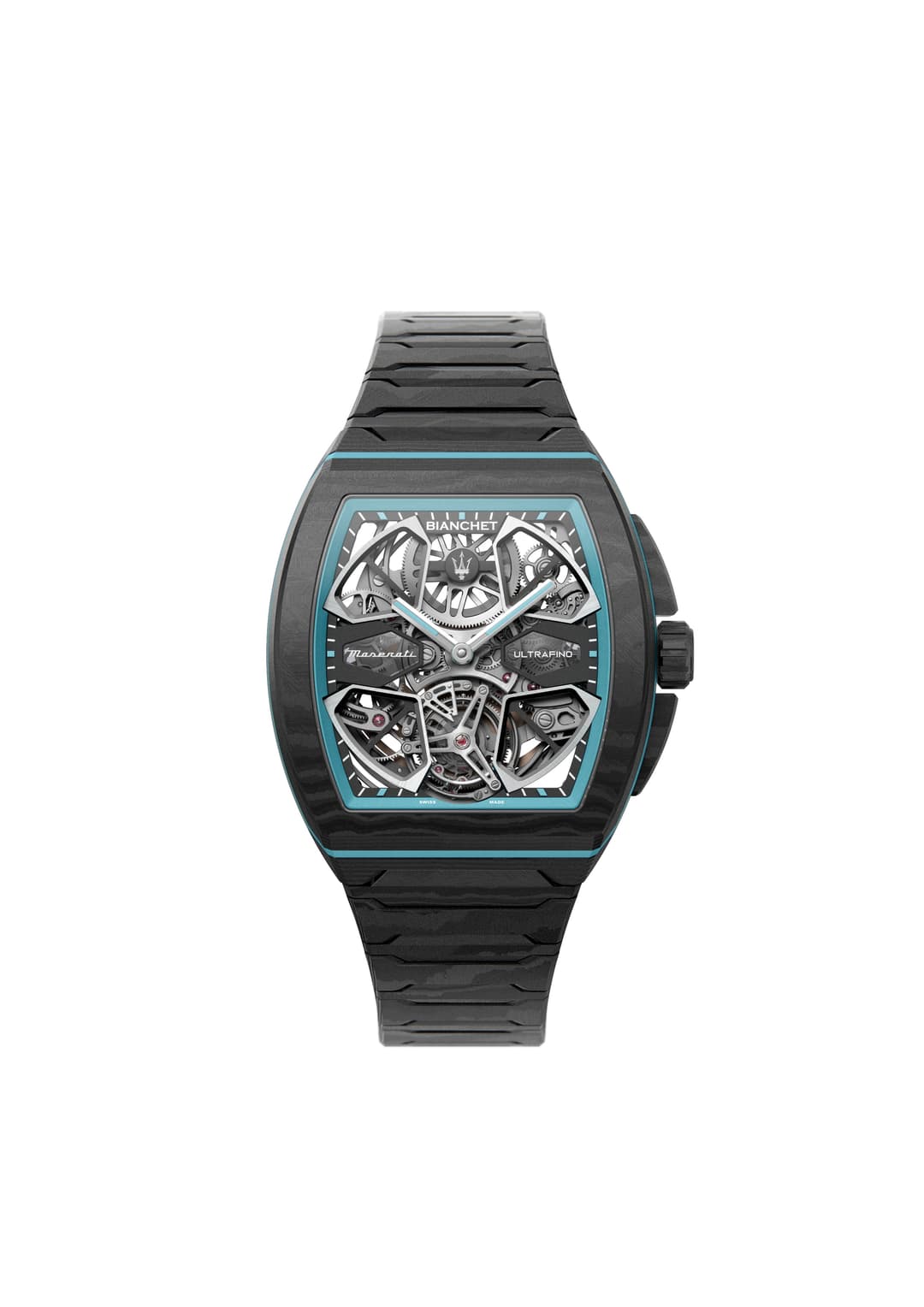 Montre Ultrafino Maserati par Bianchet avec boîtier tonneau en carbone noir, cadran squelette transparent bleu ciel et bracelet caoutchouc noir