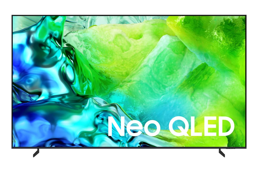 Téléviseur Samsung Neo QLED affichant du contenu liquide aux teintes vertes et bleues vives