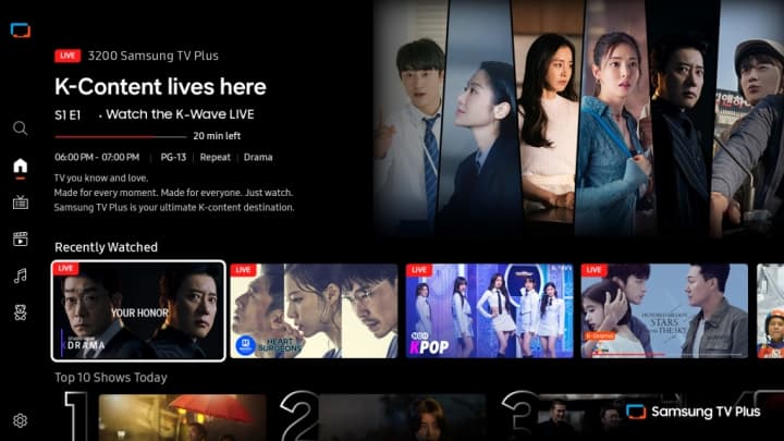 Interface Samsung TV Plus affichant un contenu K-Content avec des vignettes de séries dramatiques et de programmes en direct