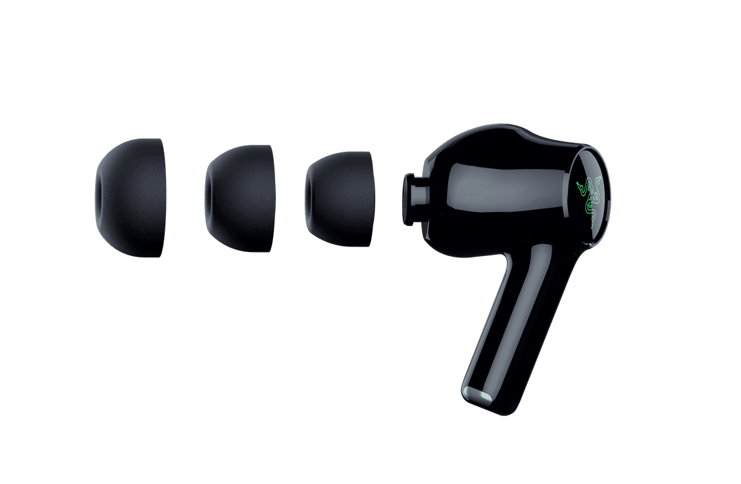 Écouteurs Razer Hammerhead V3 HyperSpeed noirs avec trois embouts auriculaires de différentes tailles