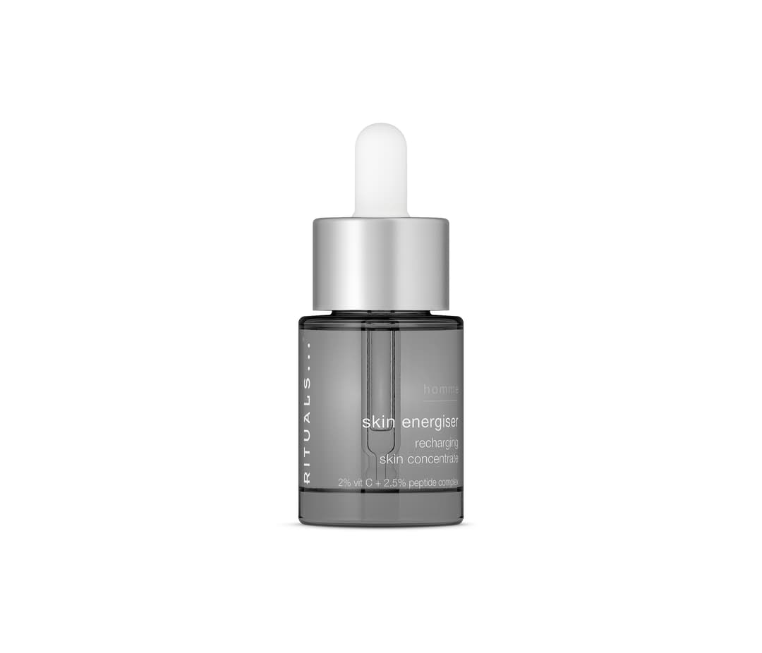 Flacon de Rituals Skin Energiser, concentré hydratant pour homme avec pipette, fond blanc