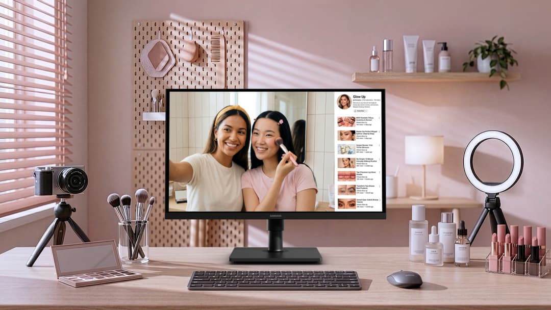 Moniteur Samsung ViewFinity S8 affichant deux jeunes femmes en visioconférence, sur un bureau rose avec accessoires de contenu créateur