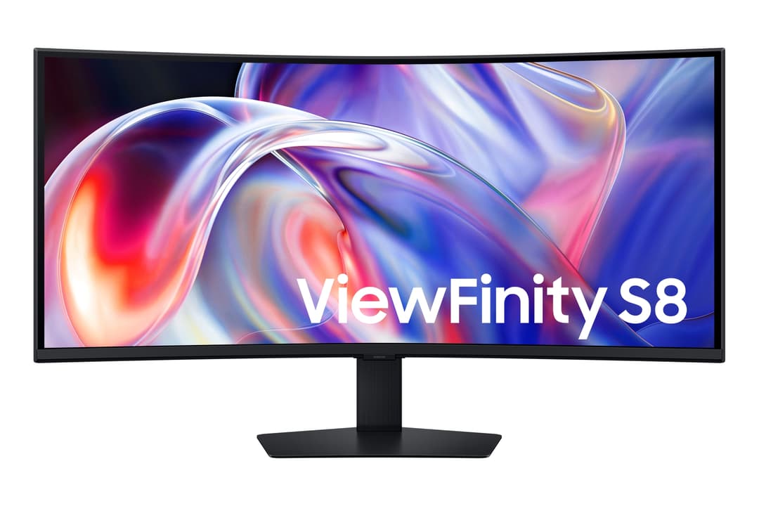 Moniteur incurvé Samsung ViewFinity S8 avec écran ultra-large affichant des formes abstraites en dégradés de rose, bleu et violet