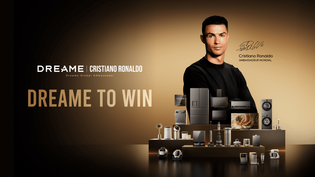 Cristiano Ronaldo, ambassadeur mondial Dreame, pose en noir devant des produits électroménagers et de maison intelligente, avec le slogan « Dreame to Win »
